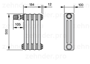 Схема (чертеж) Радиатор Zehnder Charleston 3050/4 №V012 Белый глянцевый RAL 9016